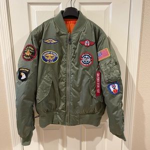 Alpha Industries YouthLarge MA-1 Bomber Top Gun Flight Jacket Patches Green NICE